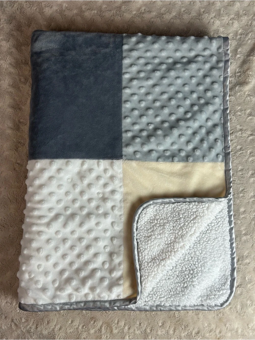 Lullaby Lane Patchwork Squares Baby Blanket Gray White Cream Minky Dot Sherpa
